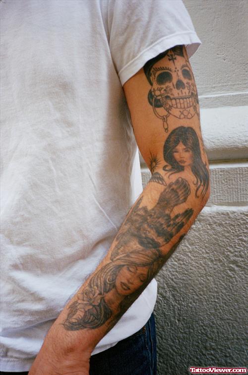 Grey Ink Girl Tattoos On Left Arm