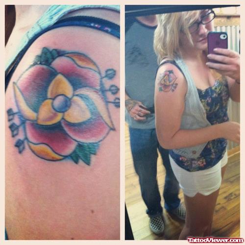 Red Flower Arm Tattoo On Shoulder