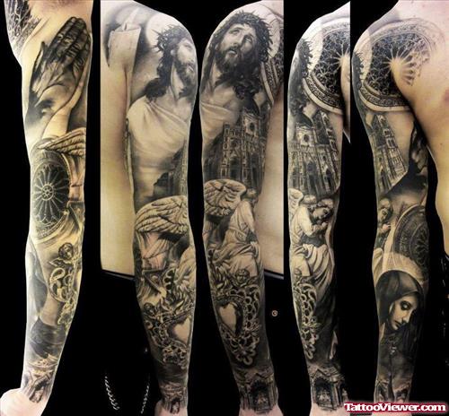 Grey Ink Jesus Tattoo On Sleeve