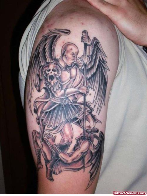 Grey Ink Archangel Tattoo On Right Arm