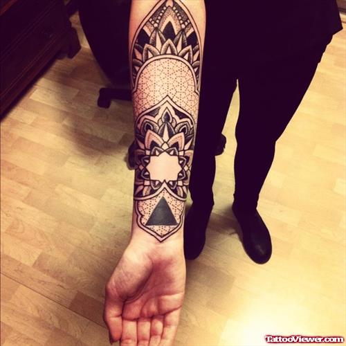 Beautiful Grey Ink Mandala Flower Tattoo On Right Arm
