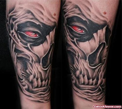 Red Eye Grey Ink Skull Tattoo On Arm