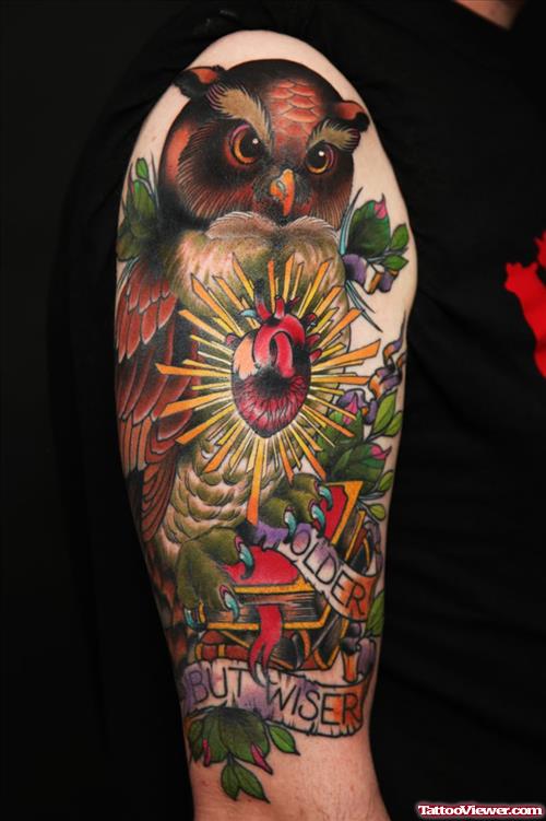 Heart And Owl Head Tattoo On Right Arm