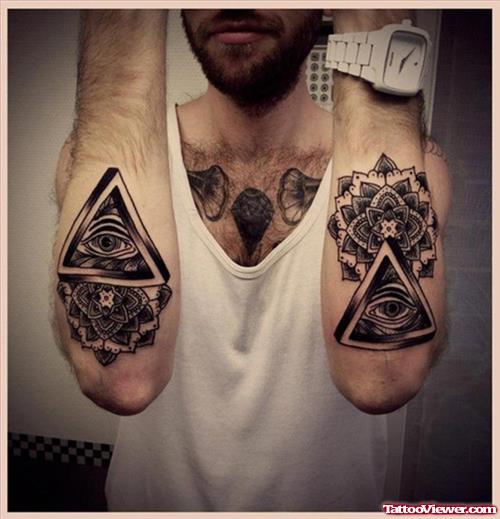 Illuminati Eye and Mandala Flowers Tattoos On Both arm