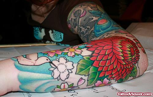 Hummingbird And Flower Tattoo On Left Arm