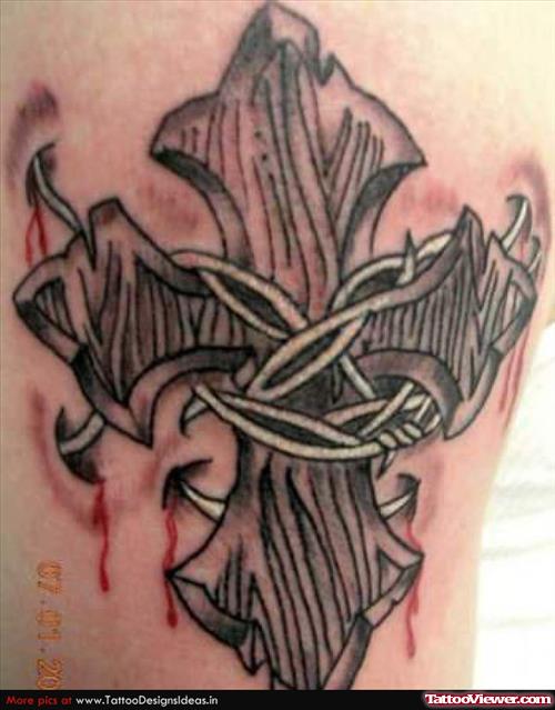 Grey Ink Wooden Cross Tattoo