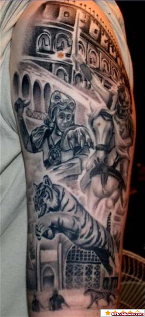 Grey Ink Jumping Tiger And Horse Rider Tattoo On Arm