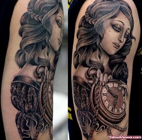 Grey Ink Girl With Clock Tattoo On Right Arm