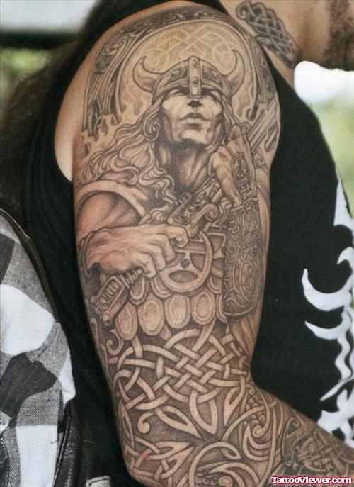 Grey Ink Celtic and Viking Tattoo On Right Arm
