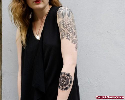 Geometric Flowers Tattoos On Left Arm For Girls