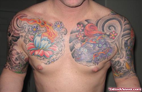 Flaming Lotus And Foo Dog Tattoos On Chest