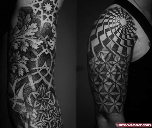 Grey Ink Dotwork Tattoo On Right Arm
