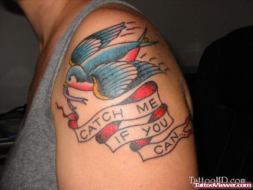 Flying Bird With Banner Left Arm Tattoo