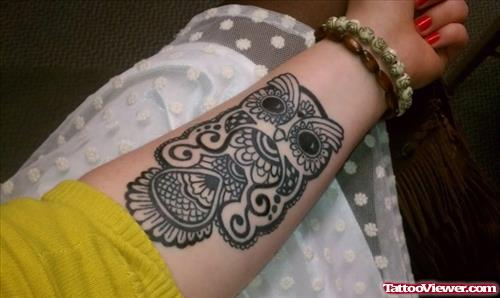Black Ink Owl Girl Left Arm Tattoo