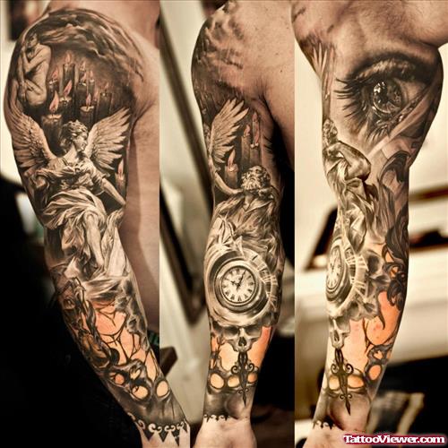 Awesome Grey Ink Angel Arm Tattoo On Sleeve