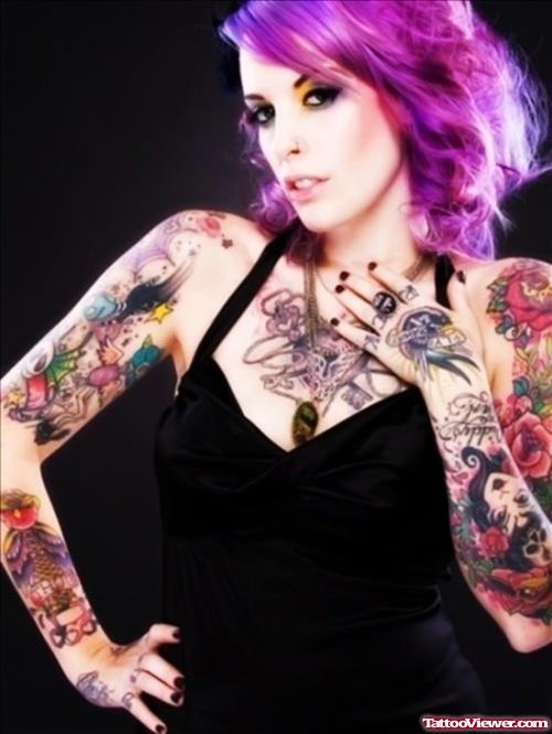 Colored Flowers And Girl Head Tattoos On Both Arms