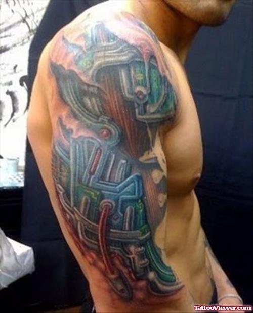 Colored Biomechanical Right Arm Tattoo