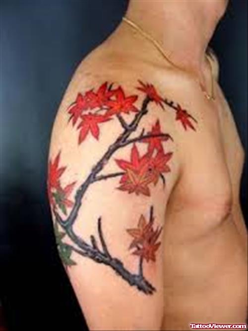 Color Maple Leaf Tattoos On Right Half Sleeve