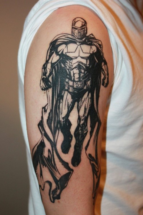 Grey Ink Superhero Arm Tattoo