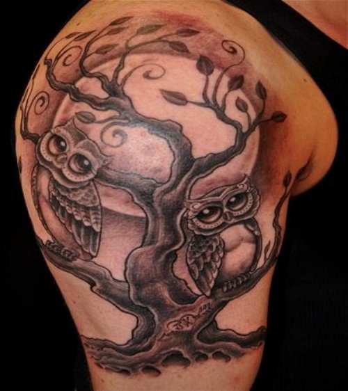 Grey Ink Tree And Owl Tattoo On Right Arm