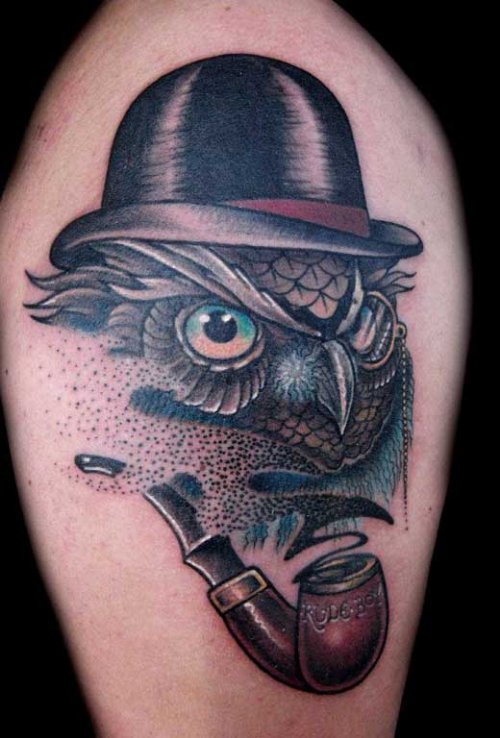 Owl Head With Hat and Smoking Pipe Tattoo On Arm