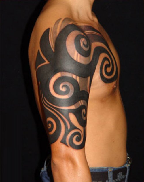 Cool Black Ink Tribal Tattoo On Man Right Arm