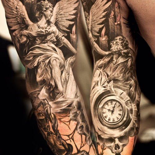 Grey Ink Anch Angel Tattoo On Sleeve