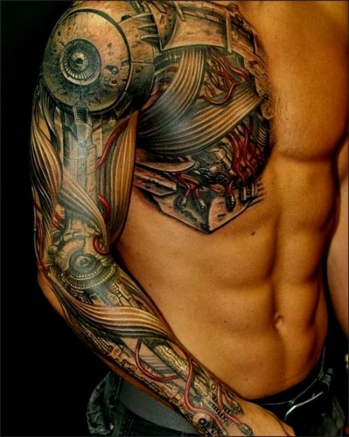 Mechanical Tattoo On Right Arm And Chest