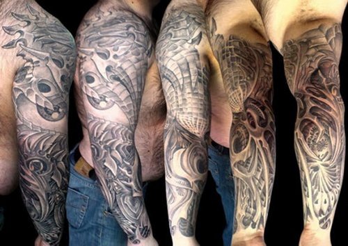 Grey Ink Biomechanical Tattoo On Right Arm