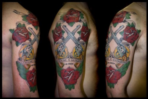 Red Rose Flowers and Guns Tattoos On Right Arm