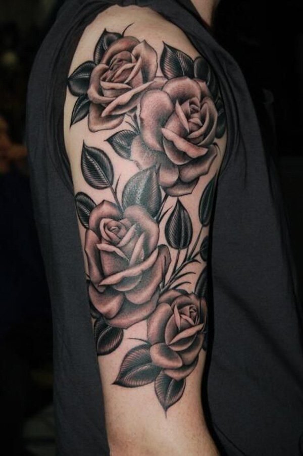 Grey Ink Right Arm Rose Flowers Tattoo