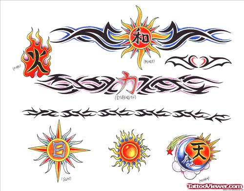Sun and Tribal Armband Tattoos Designs