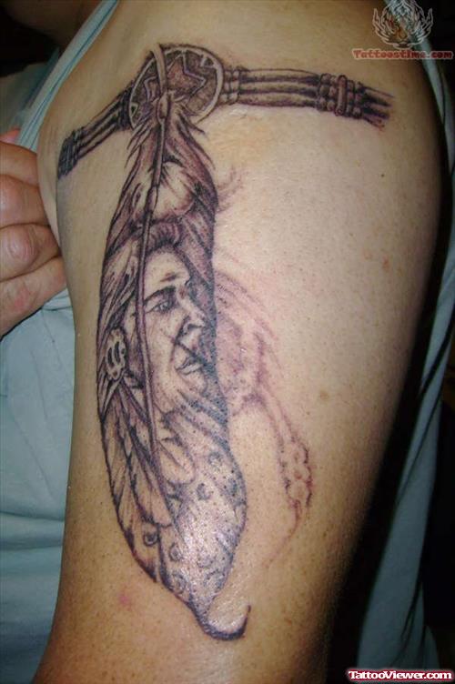 Grey Ink ANtive Feather Armband Tattoo On Left Bicep
