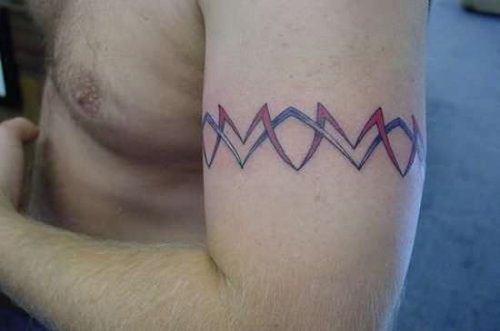 Blue And Red Tribal Armband Tattoo On Bicep