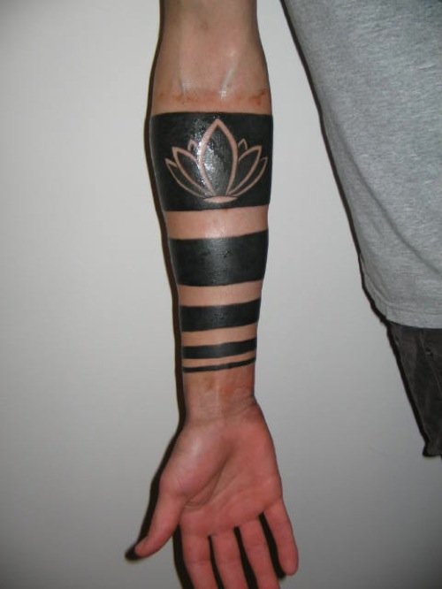 Black Ink Flower Armband Tattoo On Right Sleeve