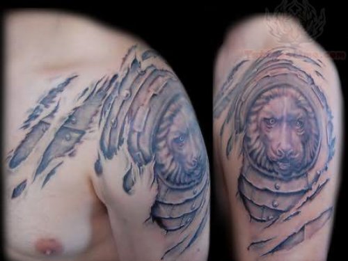 Lion Head Armor Tattoo On Shoulder