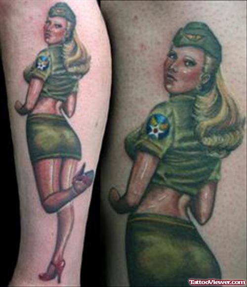 Green Ink Army Tattoo On Leg
