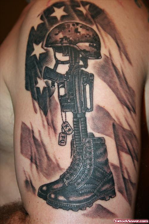 Dark Ink Soldier Shoes Gun and Helmet Army Tattoo