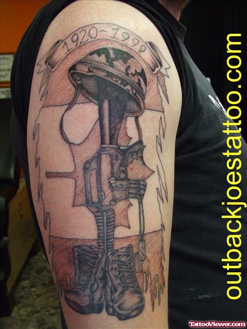 Memorial Army Boots With Gun And Helmet Tattoo