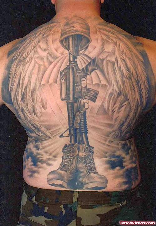 Winged Army Equipments Tattoos On Back