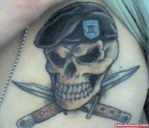 Grey Ink Skull Army Tattoo On Chest