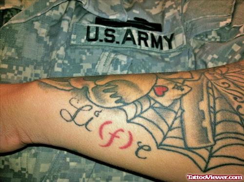 Grey Ink Army Tattoo On Left Arm