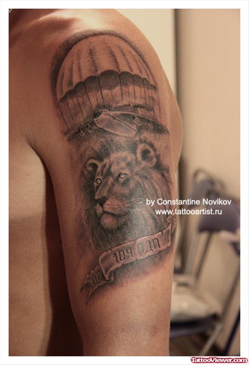Grey Ink Lion Head Army Tattoo On Half Sleeve