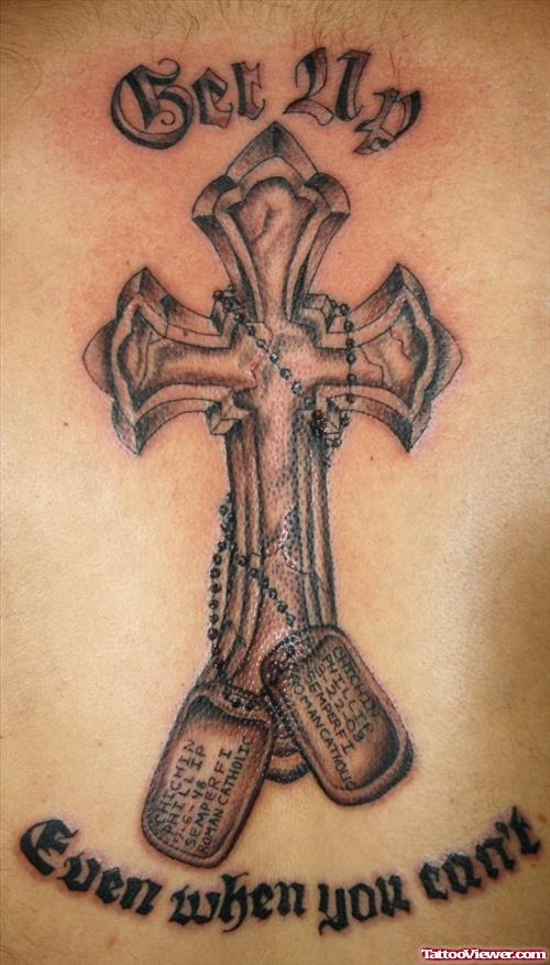 Grey Ink Cross And Army Tattoo
