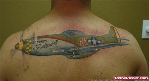 Flying Figter Army Plane Tattoo On Upperback