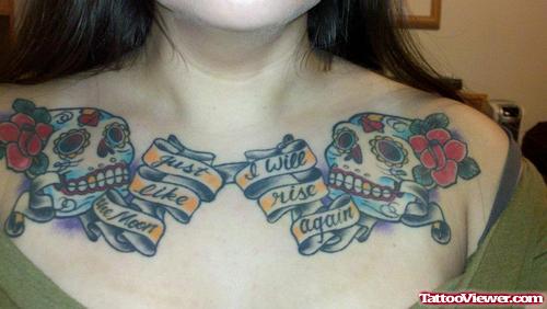 Color Skulls And flowers Army Tattoo On Collarbones