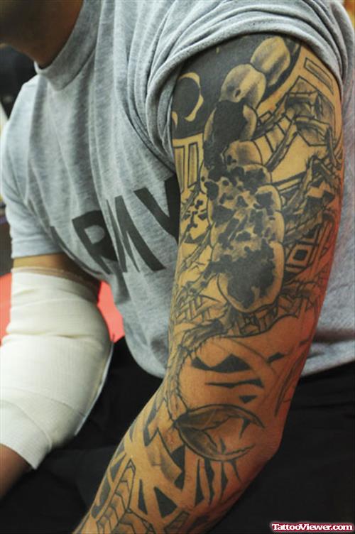 Best Grey Ink Army Tattoo On Left Sleeve
