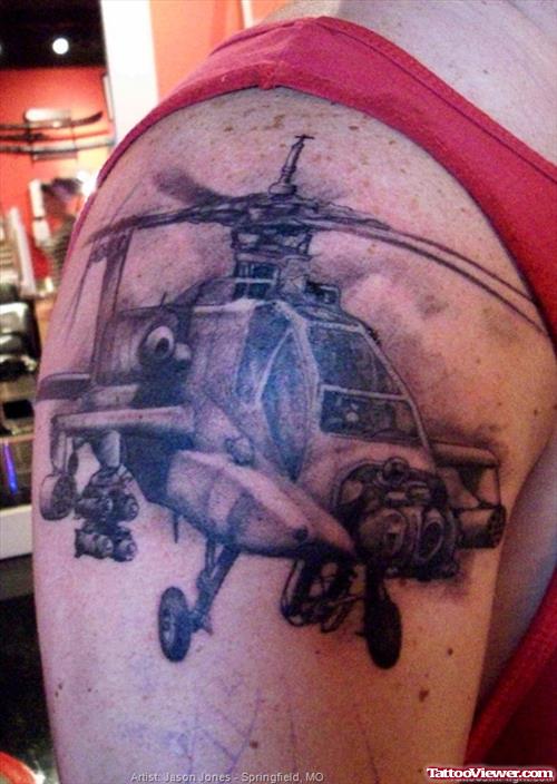 Army Fighter Helicopter Tattoon On Right Shoulder