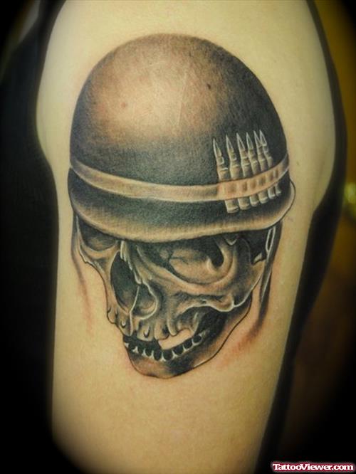 Grey Ink Army Skull With Helmet Tattoo On shoulder