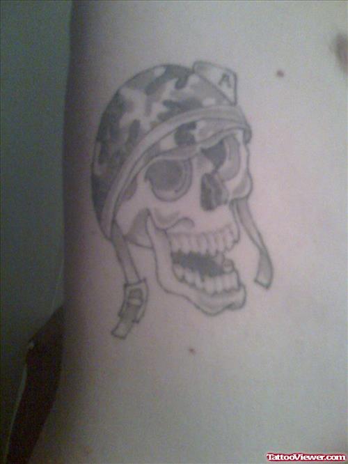 Grey Ink Army Skull Tattoo On Side Rib